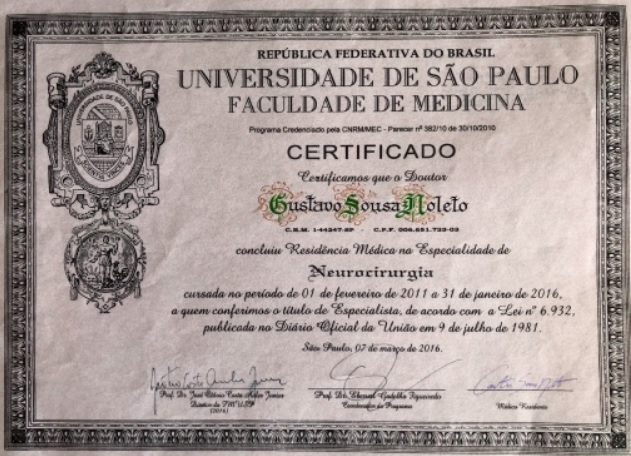 Certificado de Especialista em Neurocirurgia USP